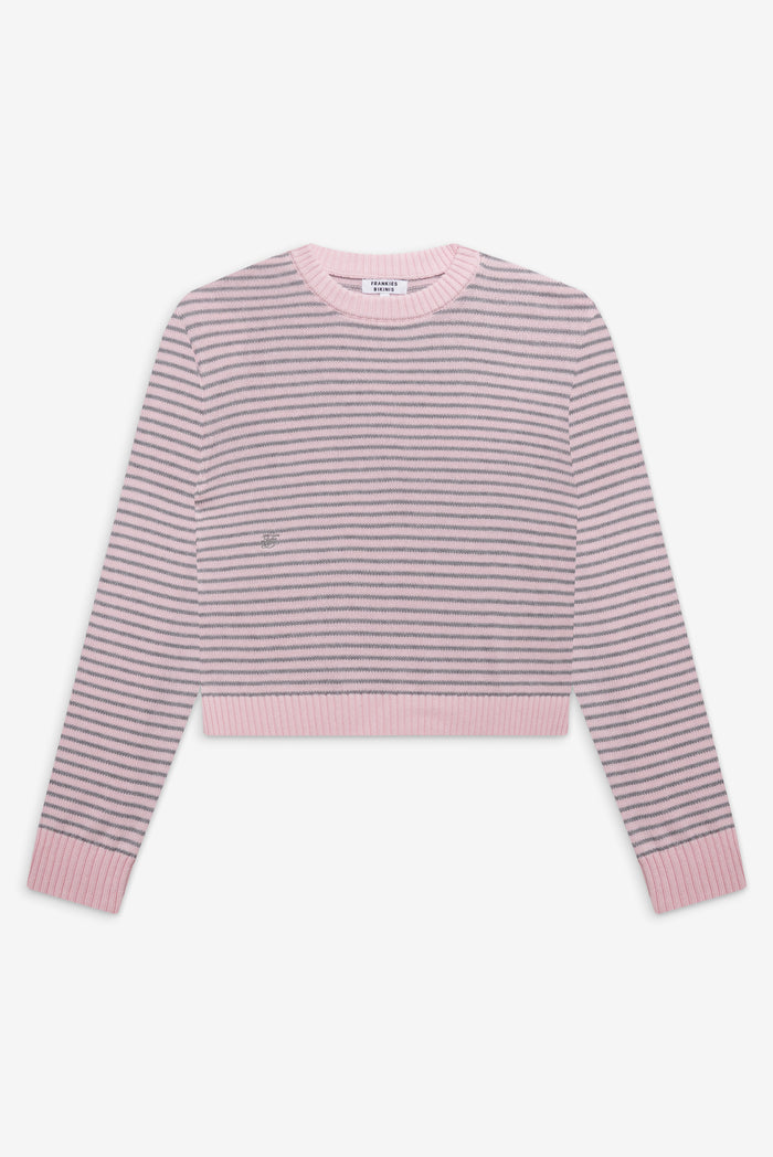 Kip cotton knit oversized boyfriend sweater rosewater stripe grey and pink