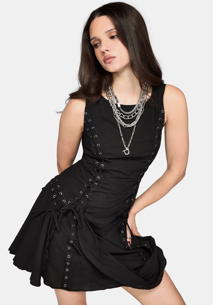 Lucette Asymmetric Eyelet Lace Up Mini Dress