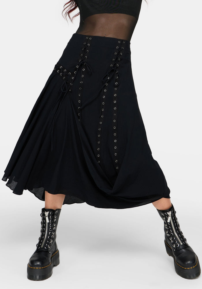 Lucette Eyelet Lace Up Midi Skirt