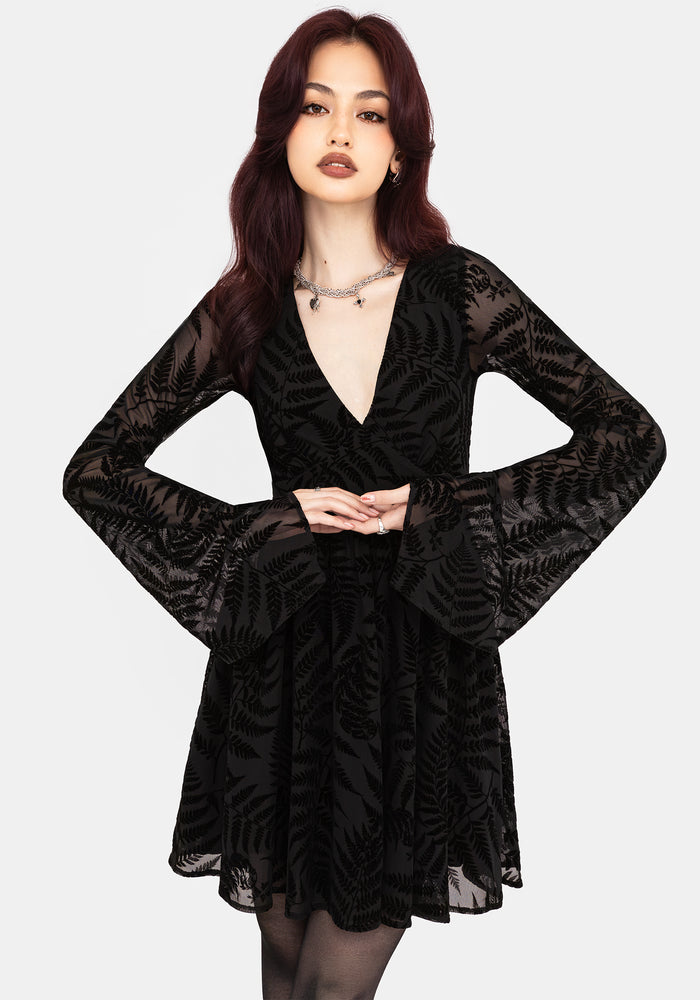 Lunafern Fern Leaf Flocked Mesh Flute Sleeve Mini Dress