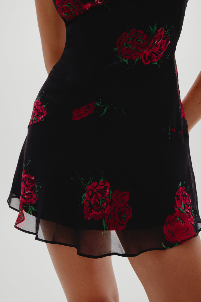 Lunarose Floral Mini Dress - Black Rose Brushstroke