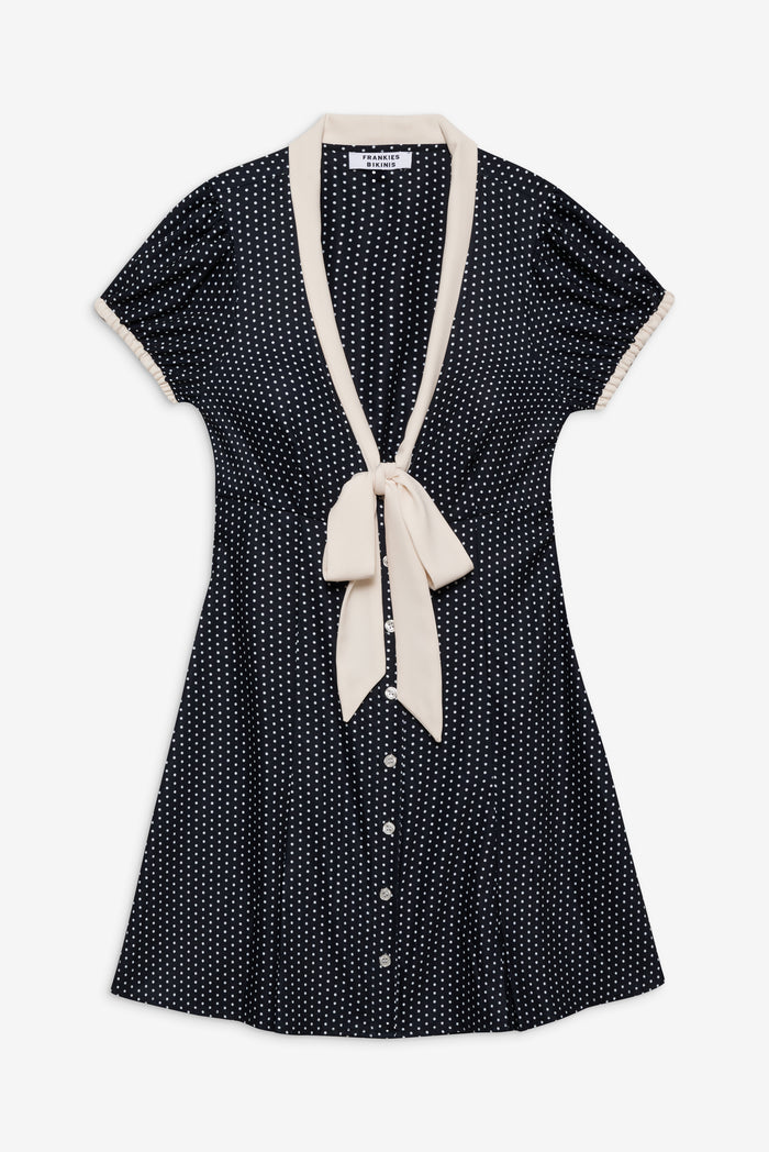 Manhattan Button Up Dress in Depp Navy Blue and White Polka Print