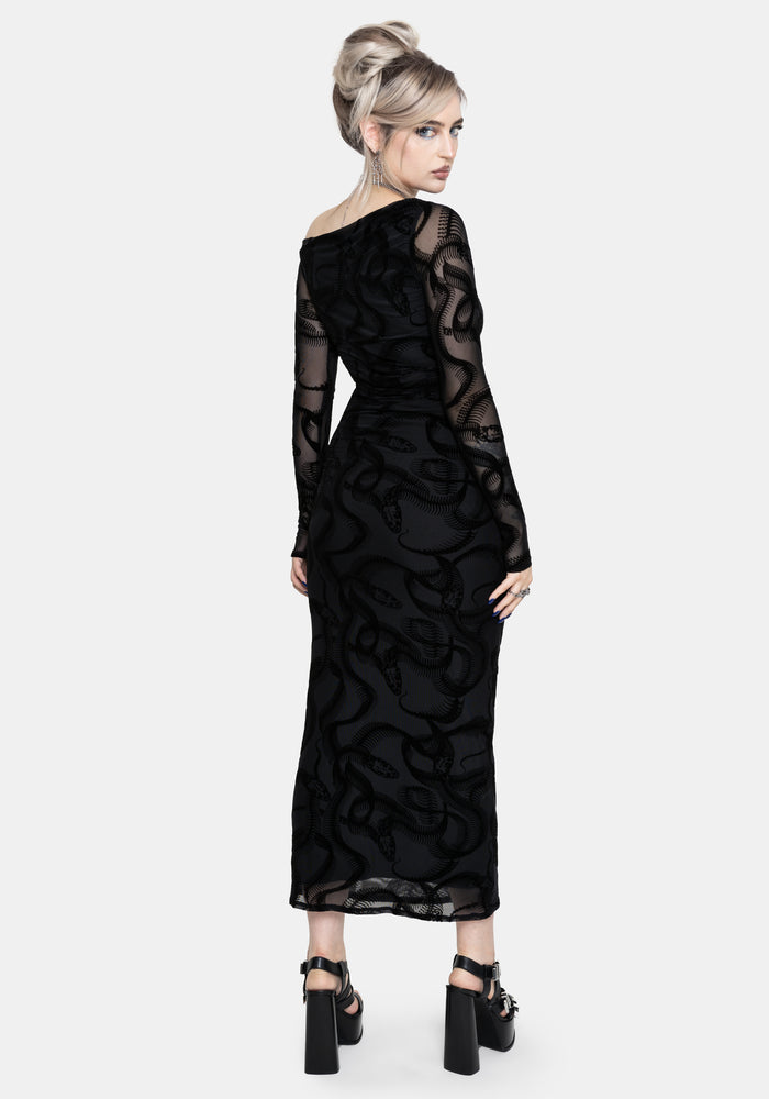Paleo Flocked Mesh Skeletal Snake Long Sleeve Midaxi Dress