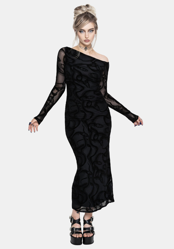 Paleo Flocked Mesh Skeletal Snake Long Sleeve Midaxi Dress