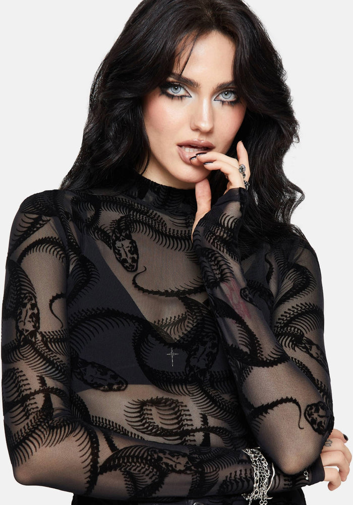 Paleo Flocked Mesh Skeletal Snake Long Sleeve Top