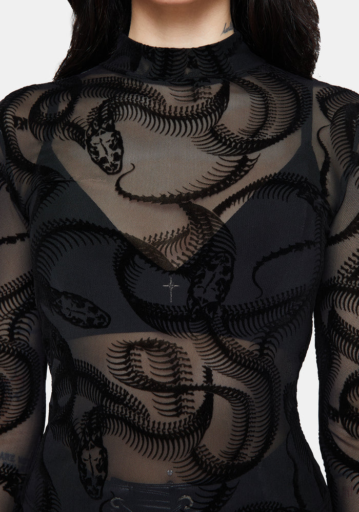 Paleo Flocked Mesh Skeletal Snake Long Sleeve Top
