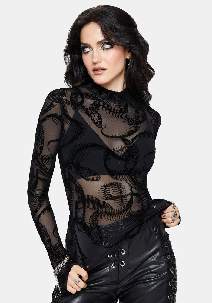 Paleo Flocked Mesh Skeletal Snake Long Sleeve Top