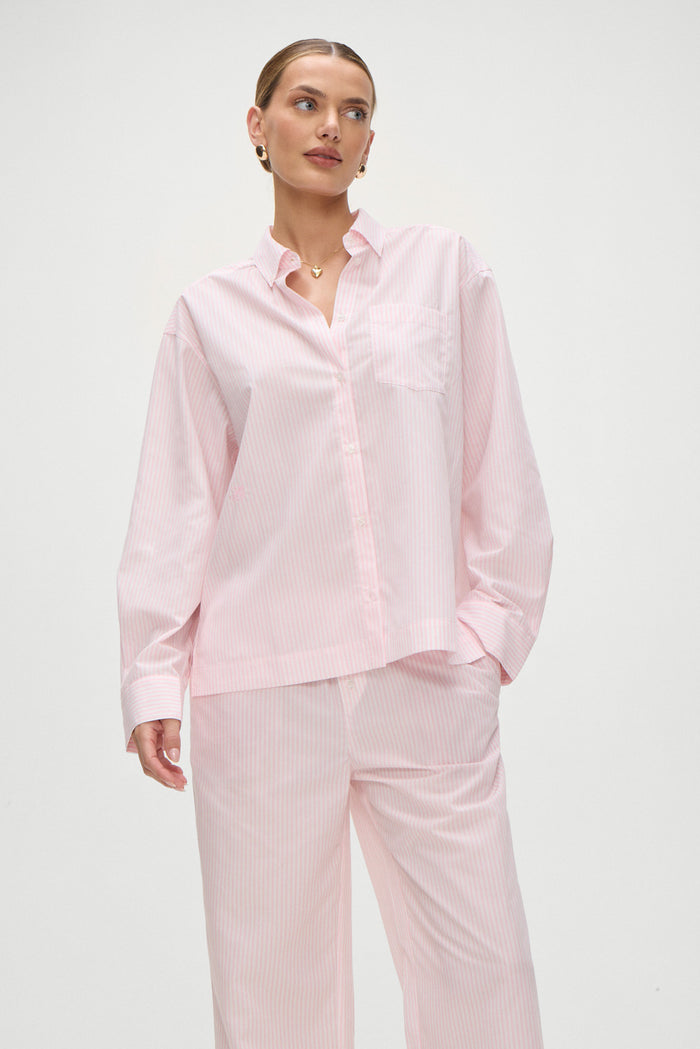 Ralph Poplin Sleep Shirt in Pink Stripe