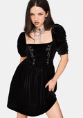 Rasque Embroidered Ruched Sleeve Velour Mini Dress