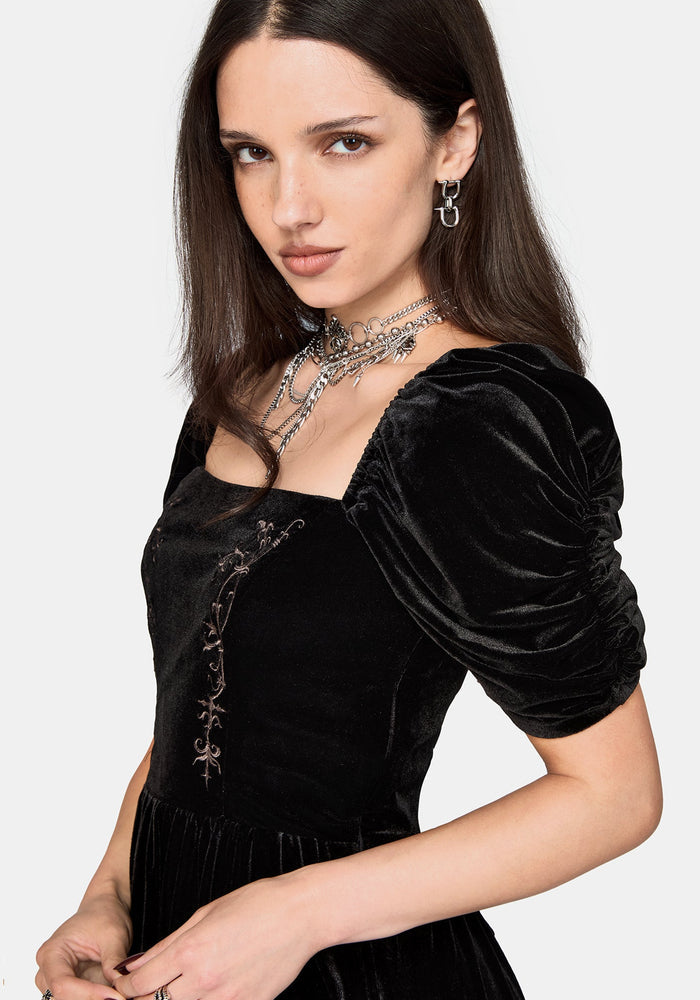 Rasque Embroidered Ruched Sleeve Velour Mini Dress