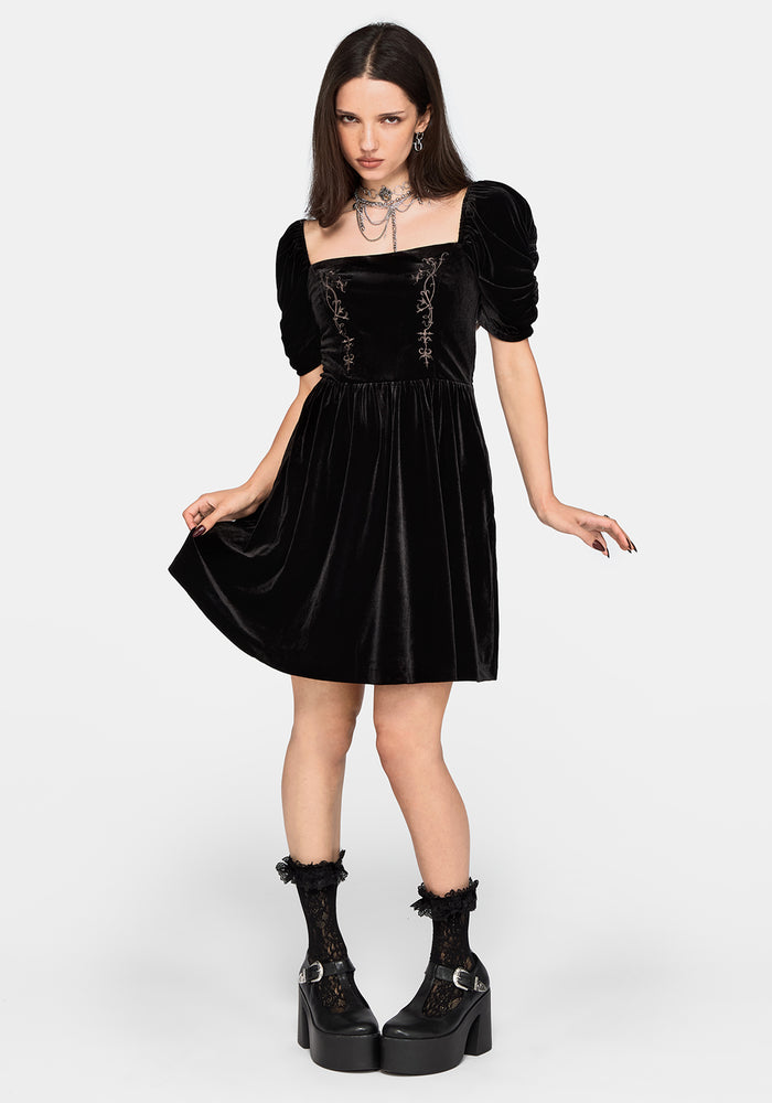 Rasque Embroidered Ruched Sleeve Velour Mini Dress