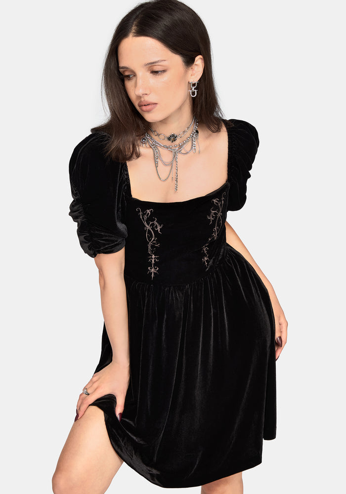 Rasque Embroidered Ruched Sleeve Velour Mini Dress