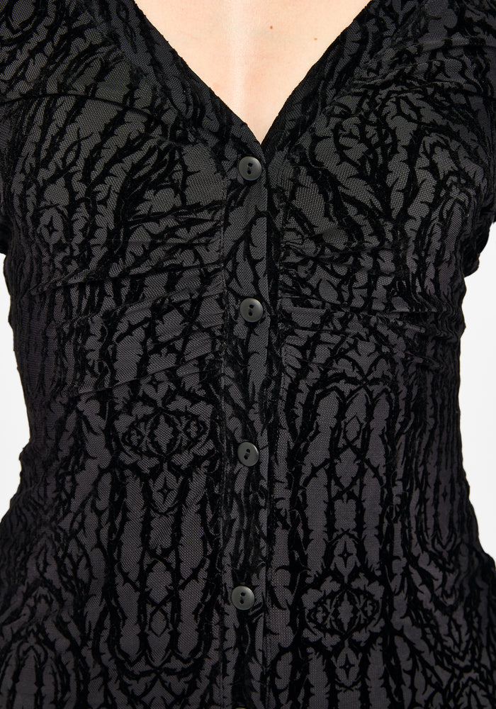 Riven Flocked Ruched Front Midaxi Dress