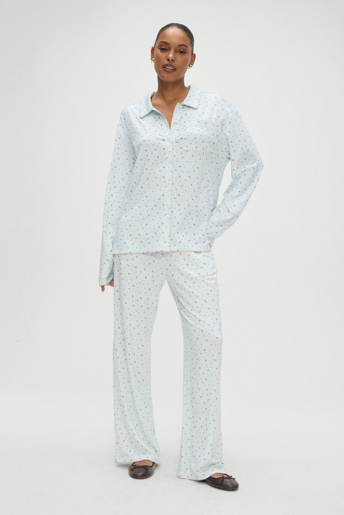 Rory Long Sleeve in Blue with Pink Floral Malibu Meadow Print