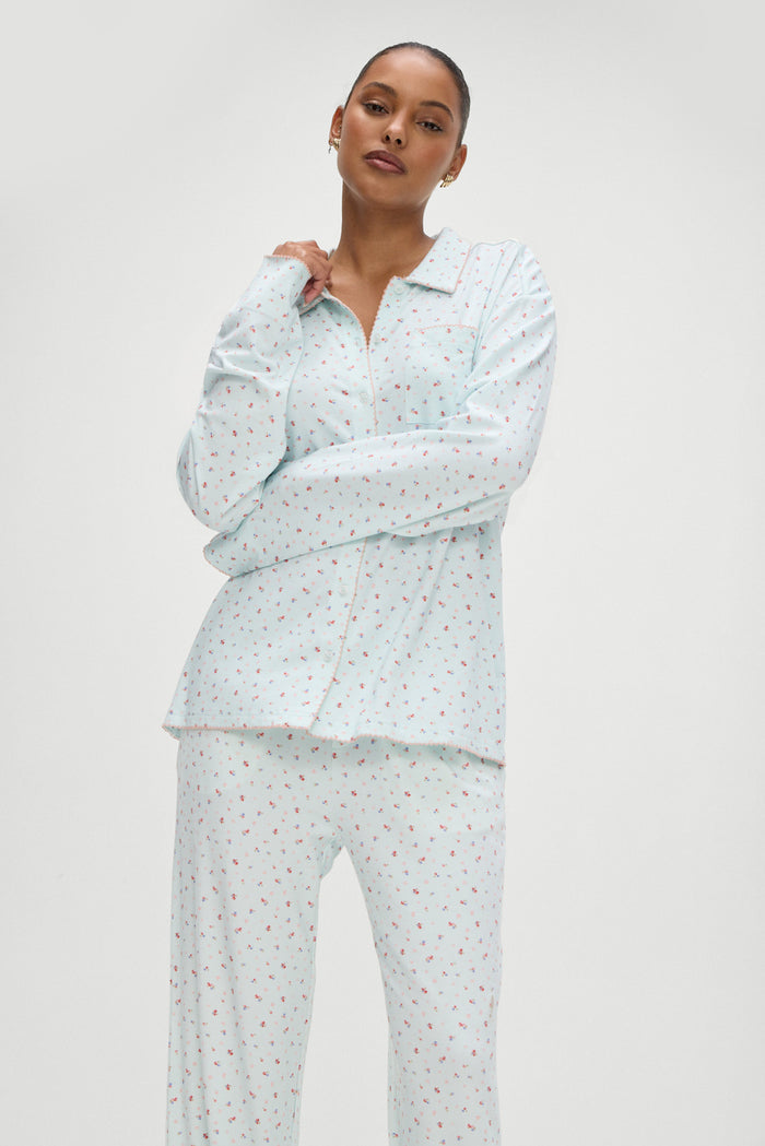 Rory Cotton Sleep Pants in Blue with Pink Floral Malibu Meadow Print