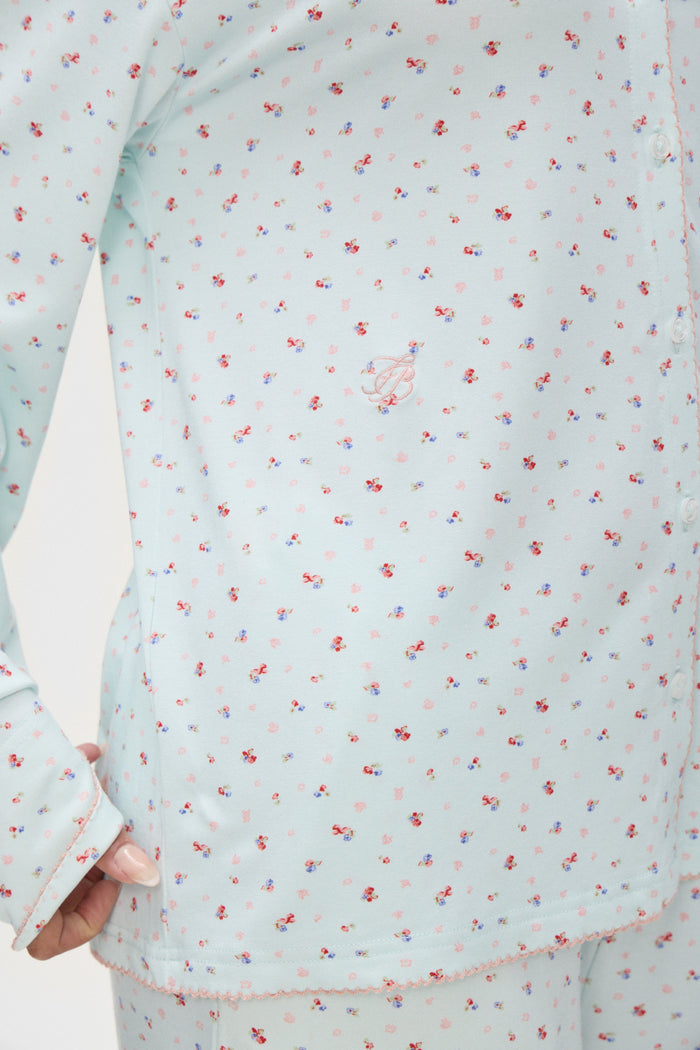 Rory Long Sleeve in Blue with Pink Floral Malibu Meadow Print