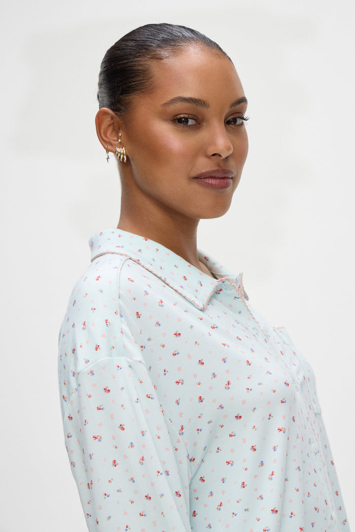 Rory Long Sleeve in Blue with Pink Floral Malibu Meadow Print