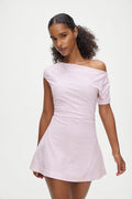 Roslyn Off Shoulder Mini Dress in Pink and Grey Rosewater Stripe