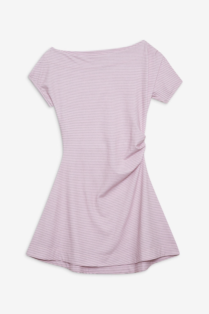 Roslyn Off Shoulder Mini Dress in Pink and Grey Rosewater Stripe