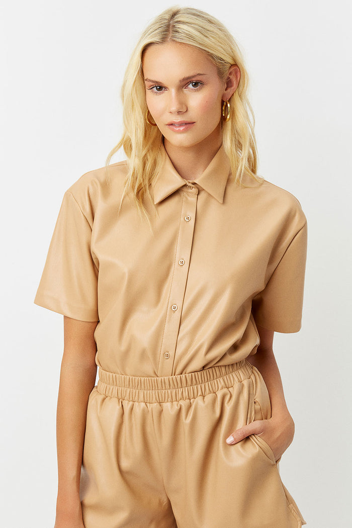 rusty vegan leather earth button up shirt