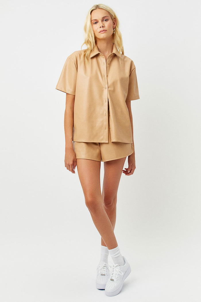 rusty vegan leather earth button up shirt