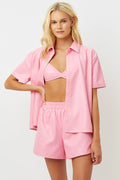 rusty vegan leather pink punch button up shirt