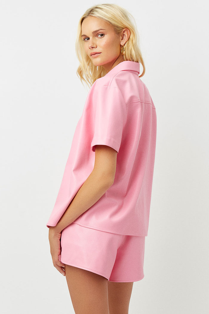 rusty vegan leather pink punch button up shirt