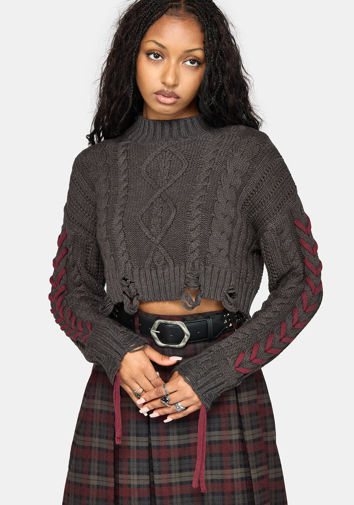 Skulk Distressed Cable Knit Crop Sweater - Charcoal