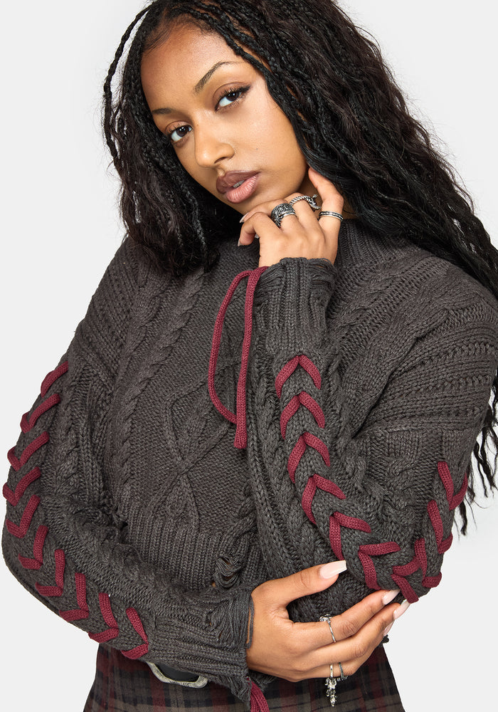 Skulk Distressed Cable Knit Crop Sweater - Charcoal