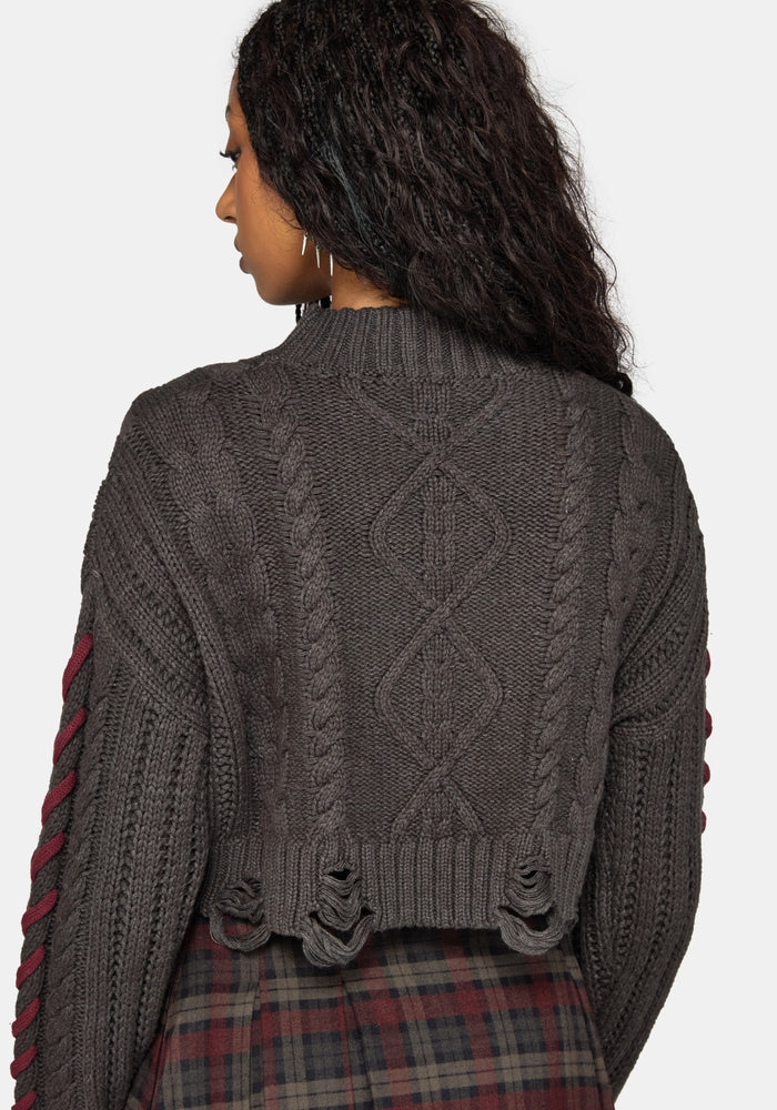 Skulk Distressed Cable Knit Crop Sweater - Charcoal