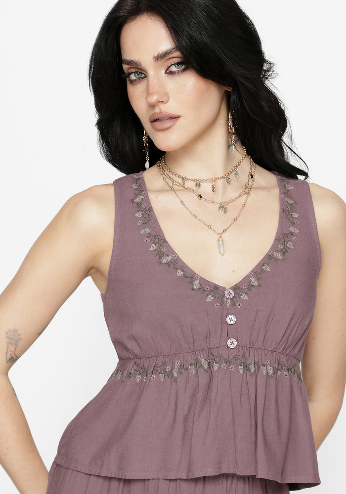 Solis Skull Embroidered Linen Babydoll Cami