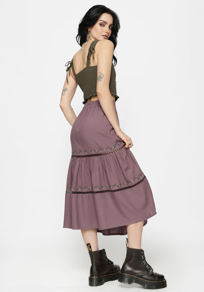Solis Skull Embroidered Linen Midi Skirt