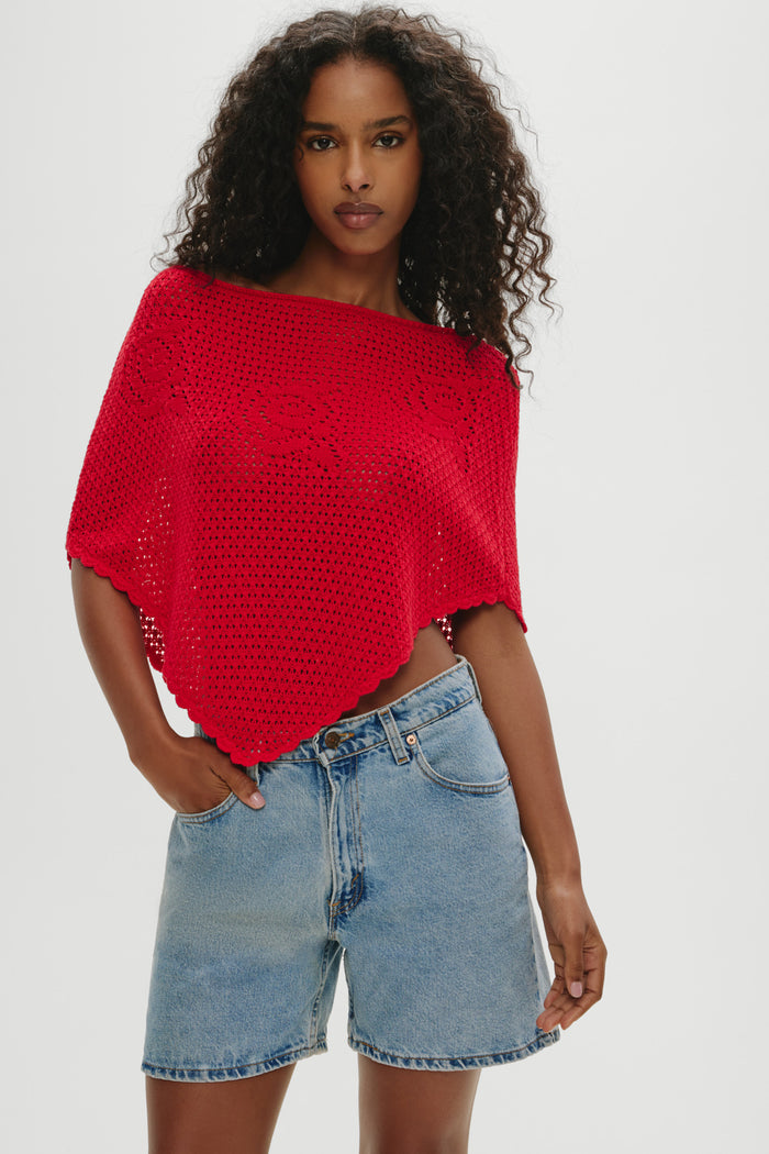 Sophie Crochet Poncho - Red Rose