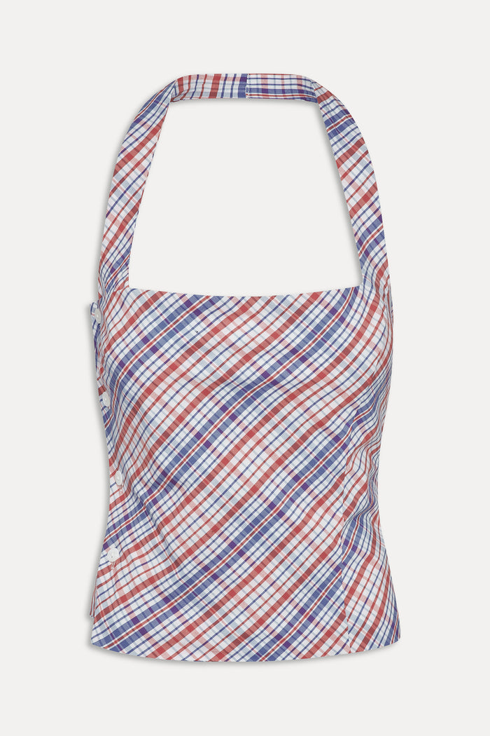 Sterling Cotton Wrap Halter Top - Americana Plaid