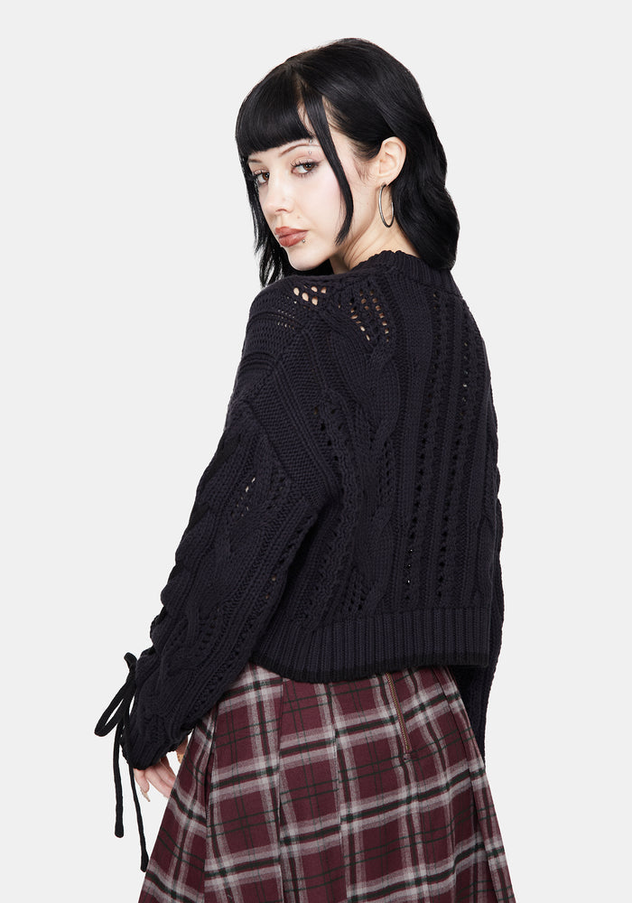Sycamore Cotton Lace Up Sleeve Cable Knit Crop Sweater - Navy