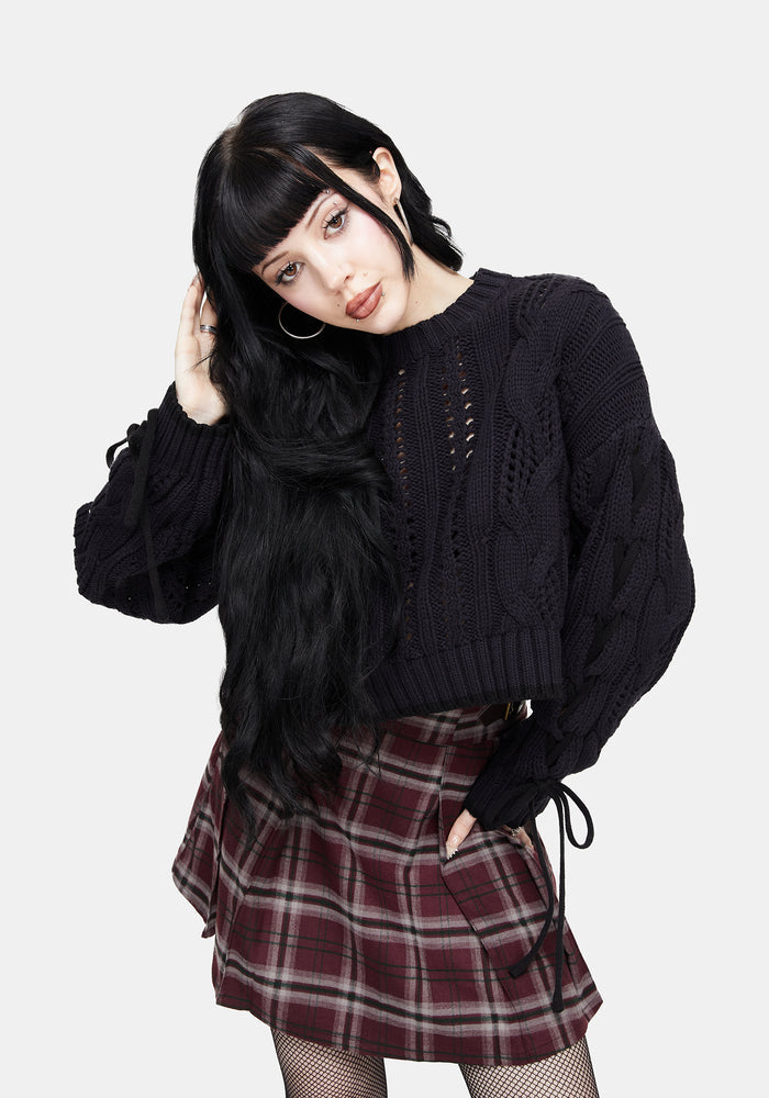 Sycamore Cotton Lace Up Sleeve Cable Knit Crop Sweater - Navy