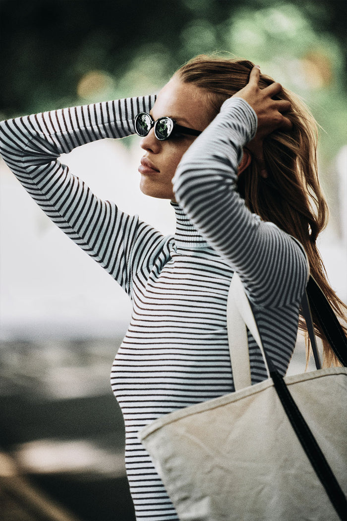 Tucker turtleneck knit sweater blue and brown montauk Stripe