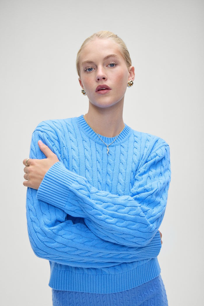 Varsity cable knit pullover sweater blue moon