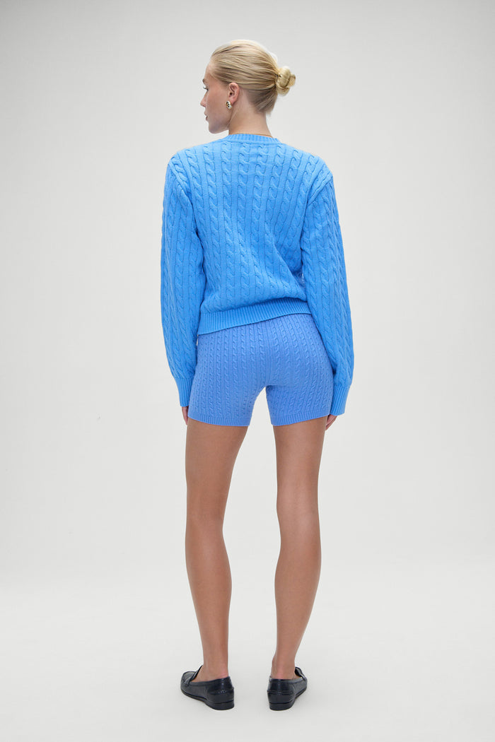 Varsity cable knit pullover sweater blue moon