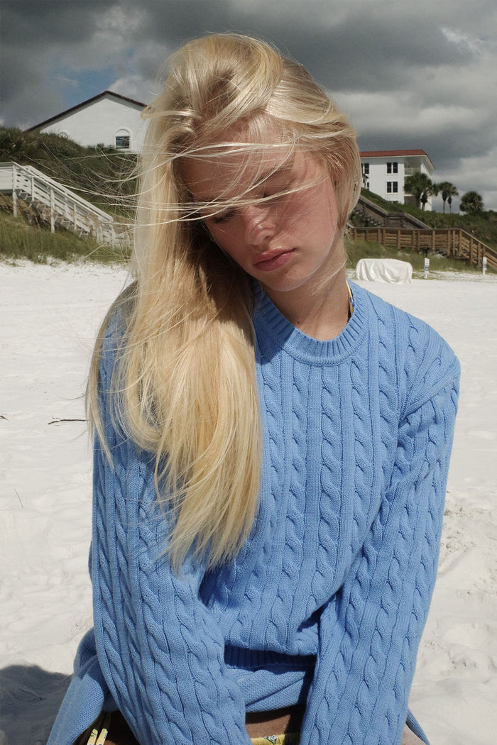 Varsity cable knit pullover sweater blue moon