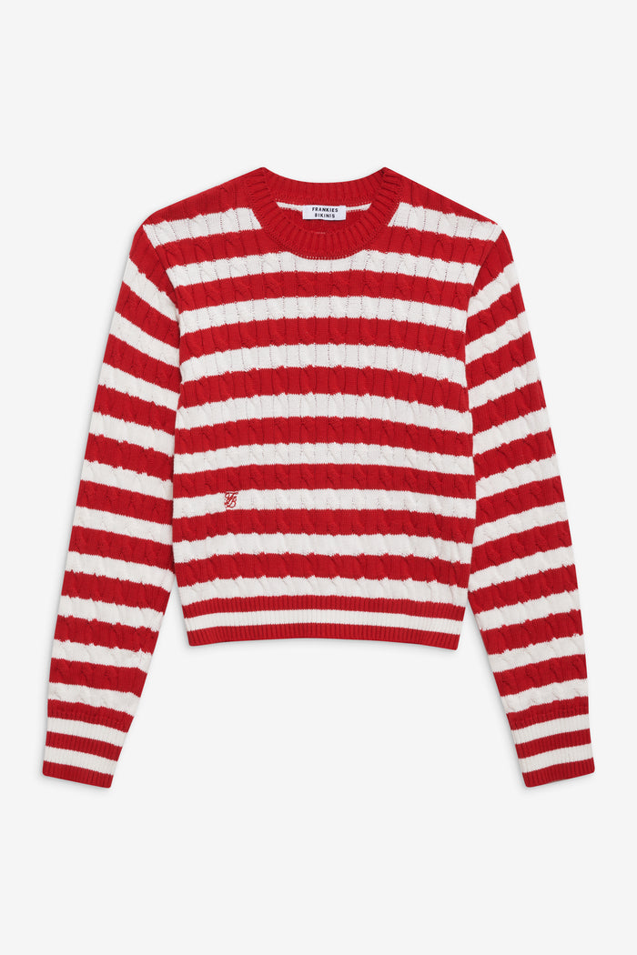 Varsity Cable Knit Sweater Heartstrings Stripe