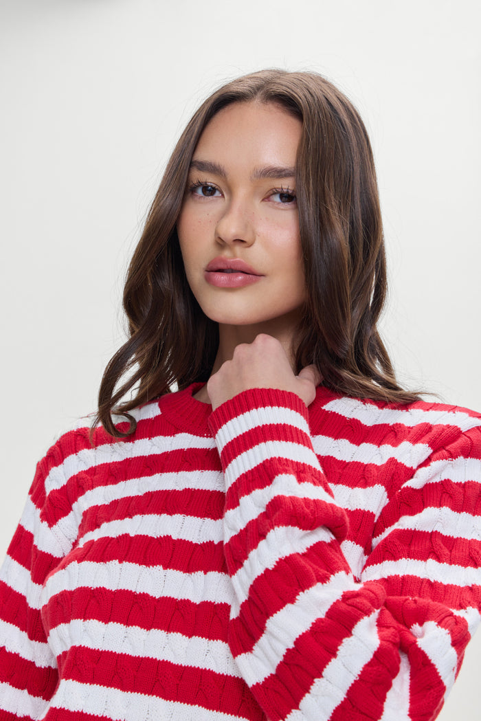Varsity Cable Knit Sweater Heartstrings Stripe
