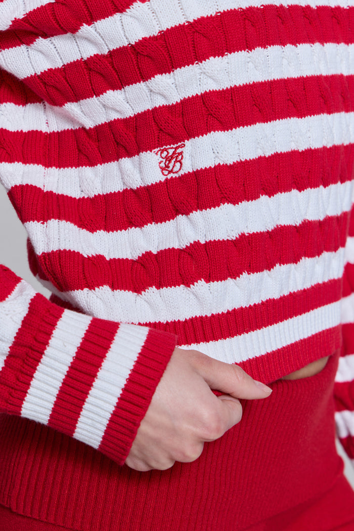 Varsity Cable Knit Sweater Heartstrings Stripe