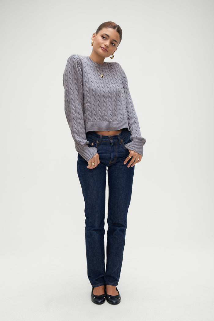 Varsity Cable Knit Sweater Rain Cloud
