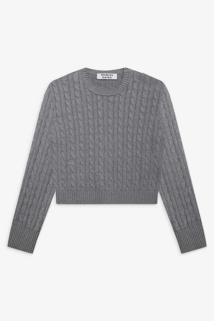 Varsity cable knit pullover sweater rain cloud grey