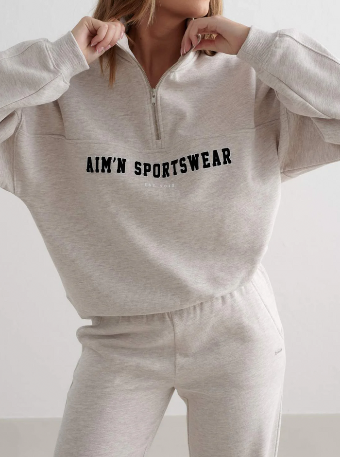 Varsity Sweat Half Zip in Beige Melange