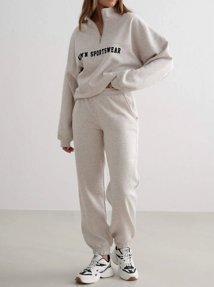 Varsity Sweat Half Zip in Beige Melange