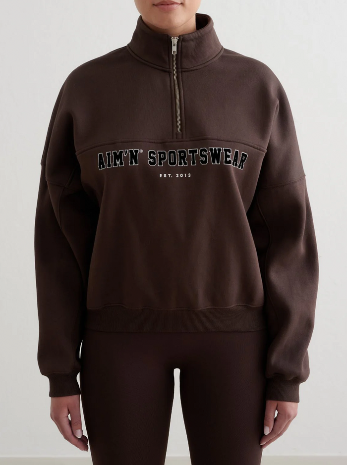 Varsity Sweat Half Zip in Chocolate