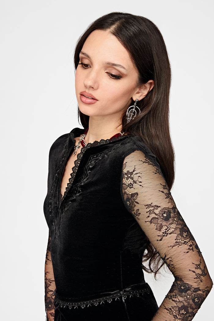 Velis Embroidered Long Sleeve Velour Bodysuit