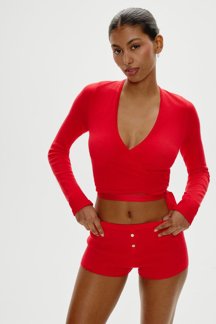 Whisper Long Sleeve Wrap Top - Cherry